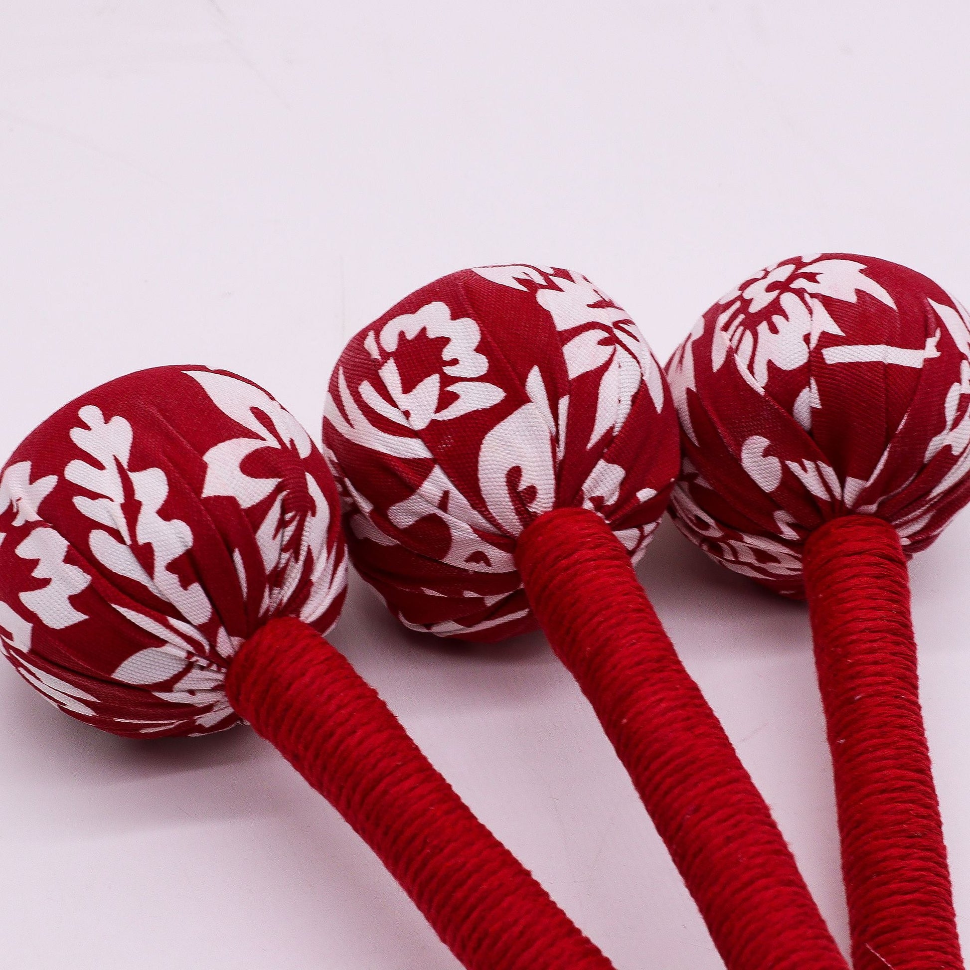 Red Wormwood Massage Hammer – Wooden Tool, red floral fabric tapping hammer with wrapped handle for self-care massage