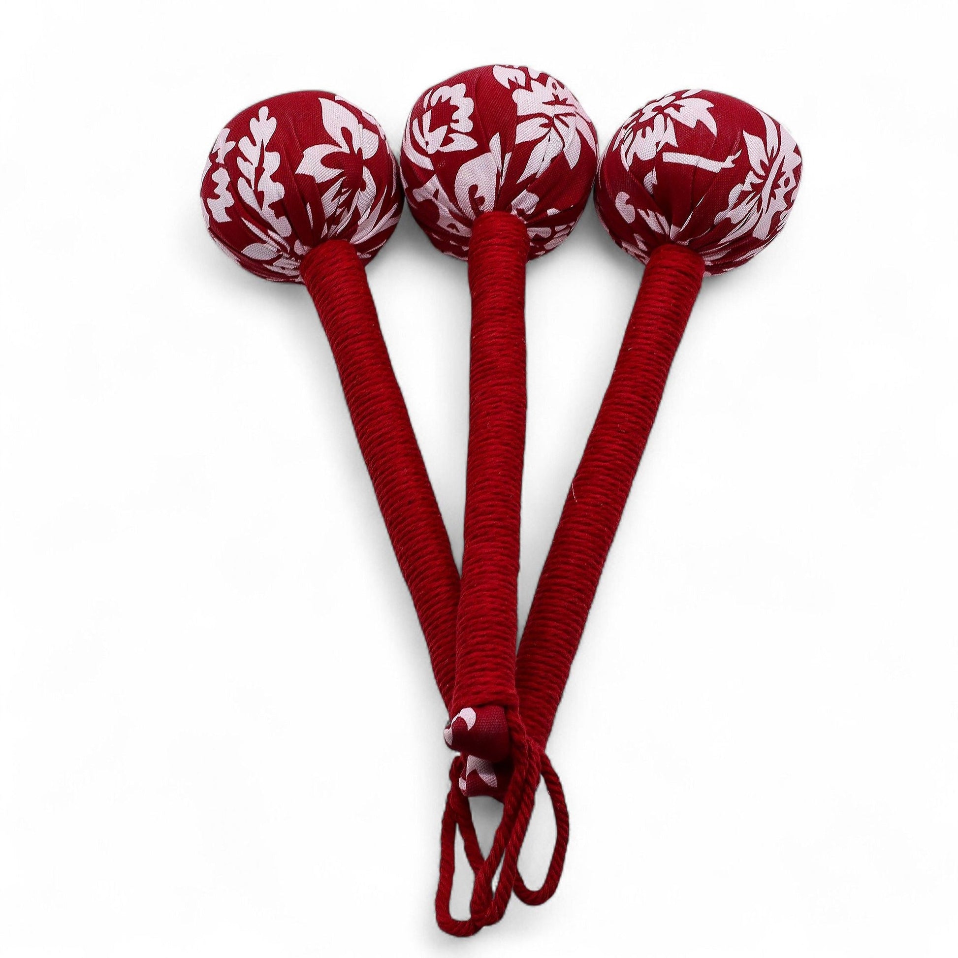 Red Wormwood Massage Hammer – Wooden Tool, red fabric herbal-filled tapping hammer with floral pattern heads, set of three