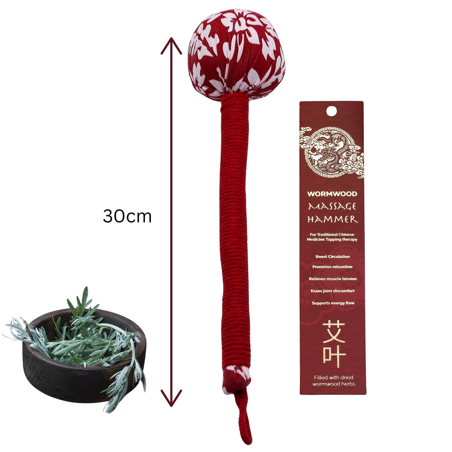 Alt Tag: Red Wormwood Massage Hammer – Wooden Tool 30cm, red herbal-filled tapping hammer with packaging and dried wormwood