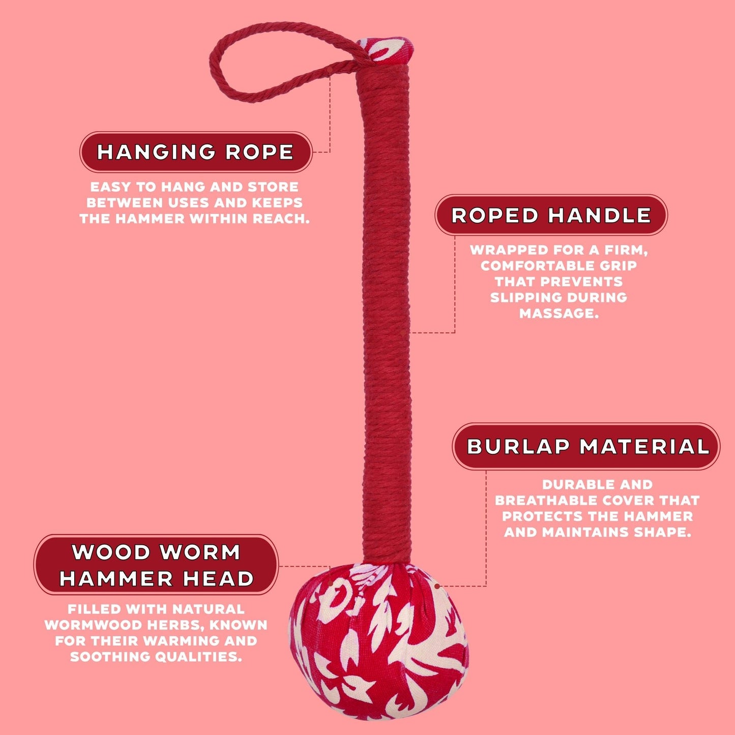 Red Wormwood Massage Hammer – Wooden Tool with roped handle, hanging loop, burlap cover and red wormwood-filled wooden hammer head