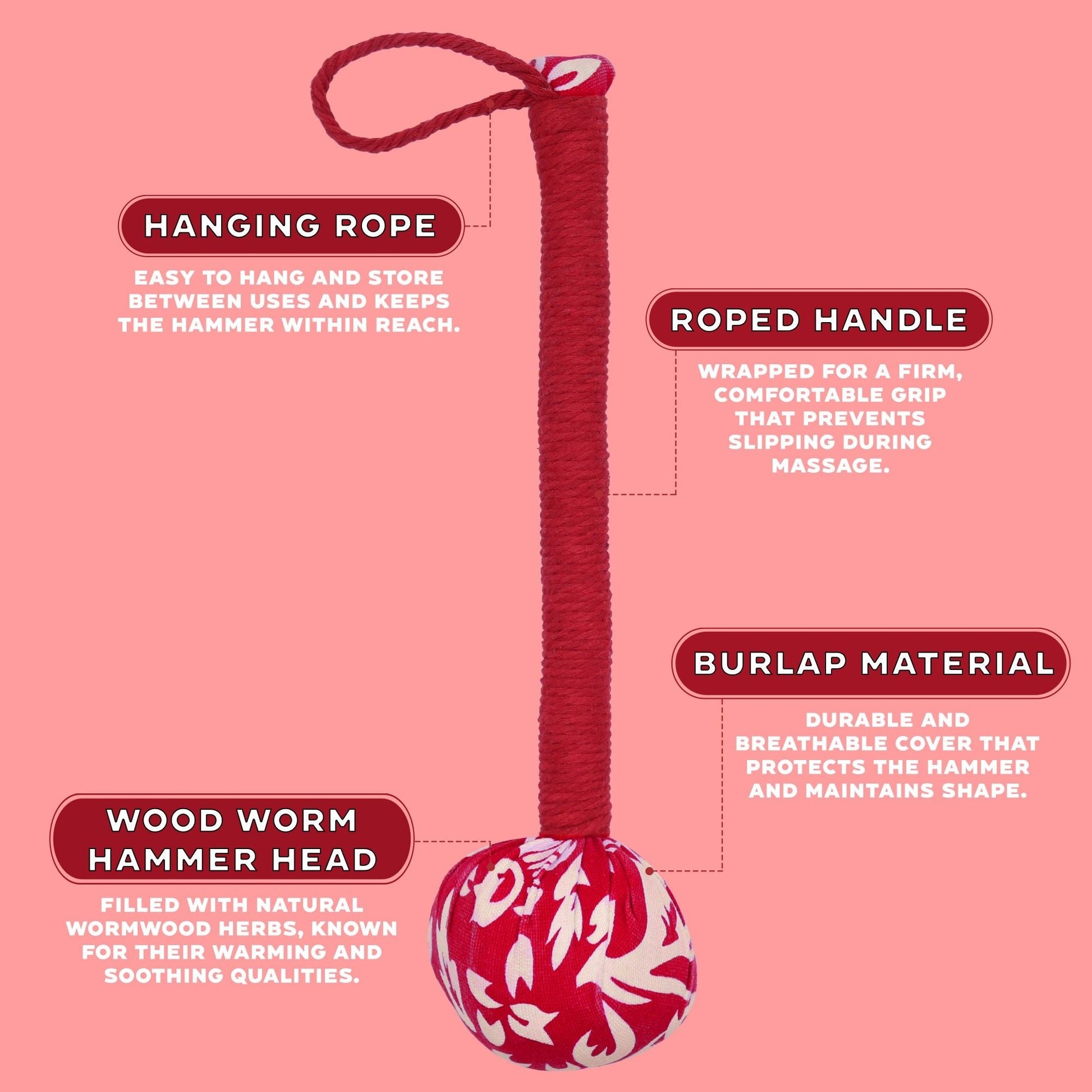 Red Wormwood Massage Hammer – Wooden Tool with roped handle, hanging loop, burlap cover and red wormwood-filled wooden hammer head