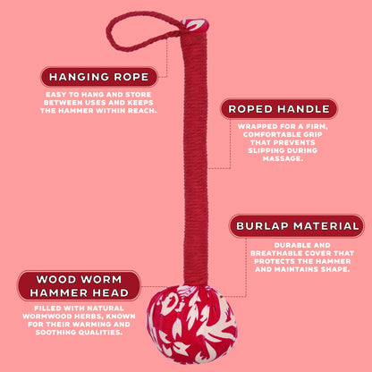 Red Wormwood Massage Hammer – Wooden Tool with roped handle, hanging loop, burlap cover and red wormwood-filled wooden hammer head