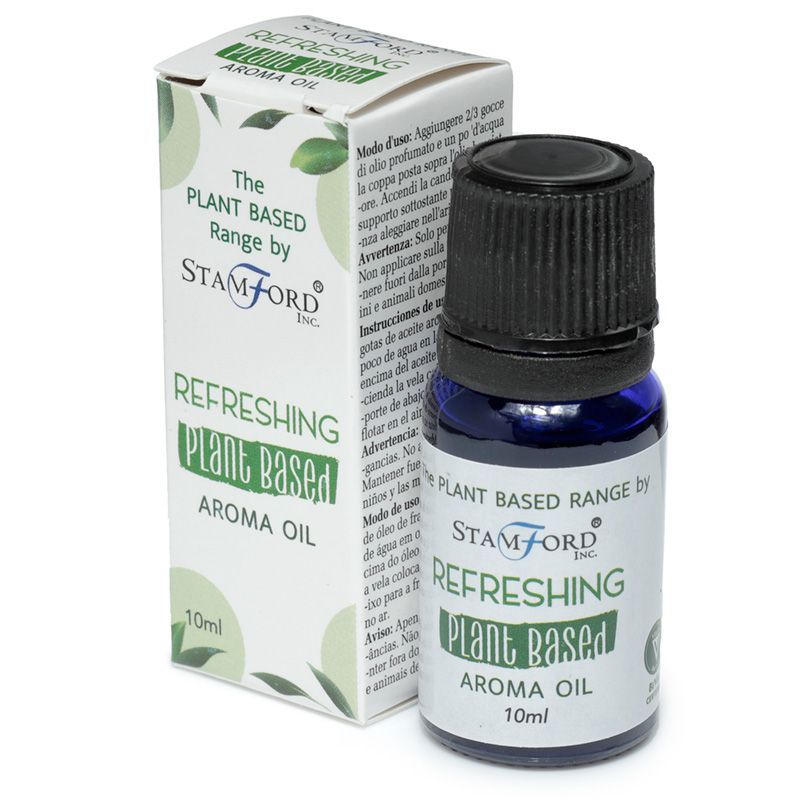 Refreshing Fragrance Oil – 60ML Plant-Based Blend, botella y caja de aceite aromático plant-based Refreshing, marca Stamford, aroma oil