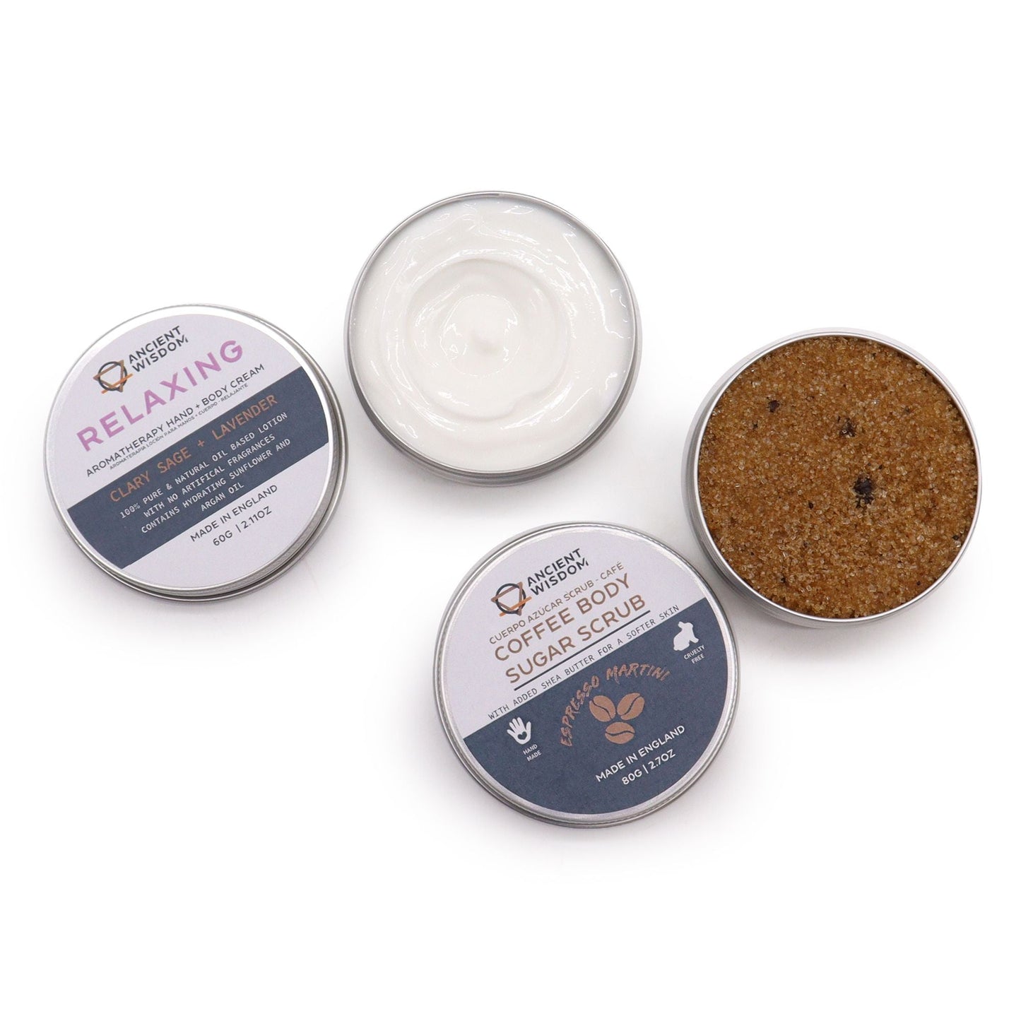 Rejuvenating Self Care Kit – All-In-One Recare con latas de cuidado personal: crema y exfoliante corporal de azúcar y café, vista superior