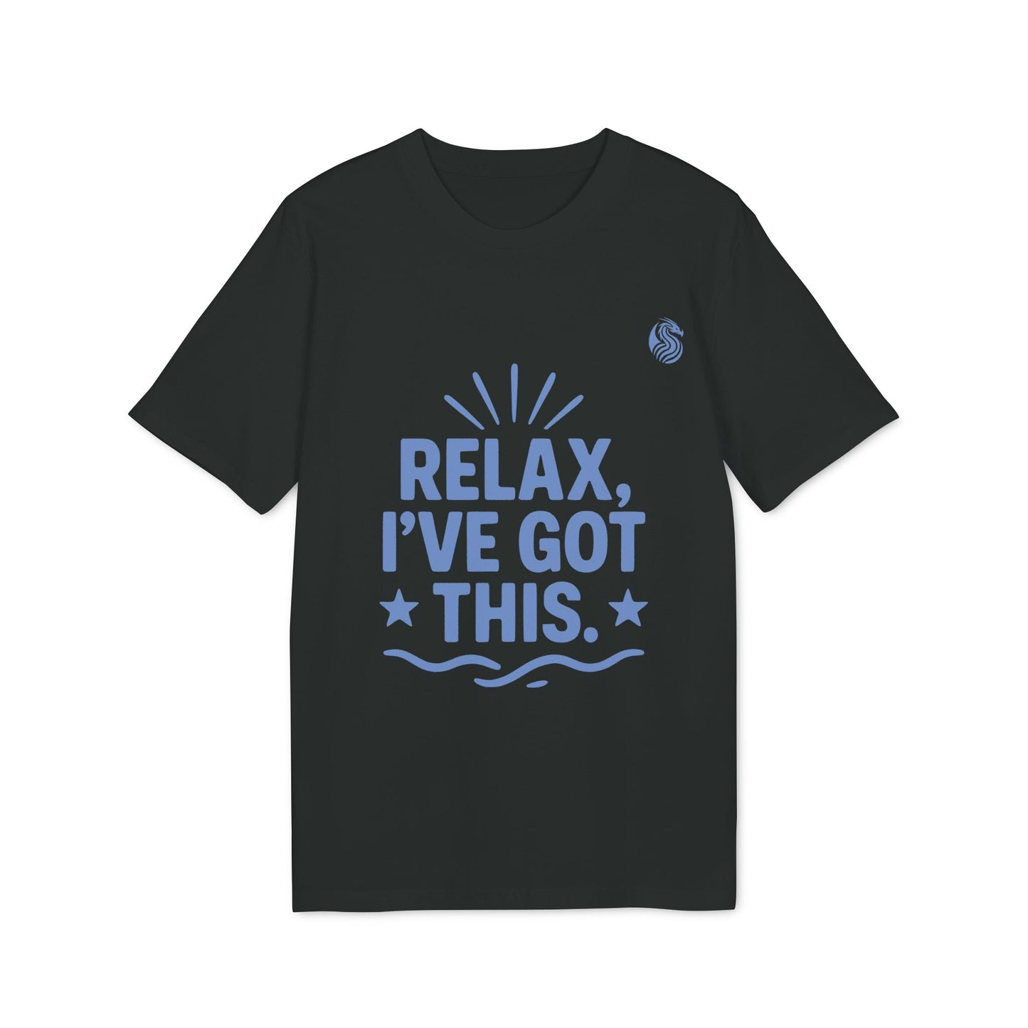 Alt Tag: Relax I´ve Got This Teenager Drix Premium Unisex T-Shirt negra con gráfico azul y texto “RELAX, I’VE GOT THIS.”
