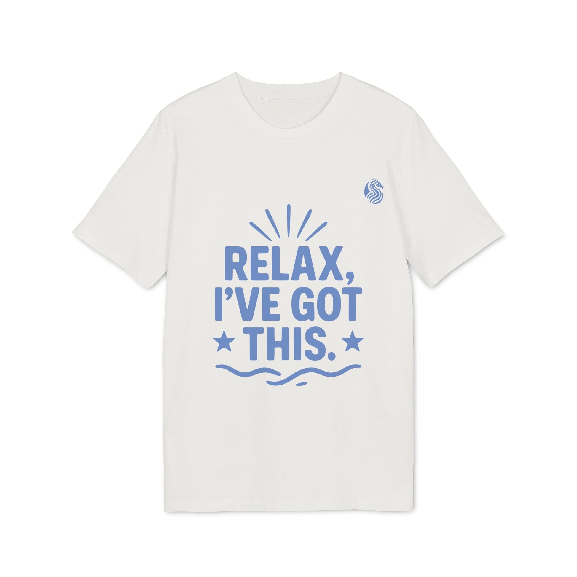 Alt Tag: Relax I´ve Got This Teenager Drix Premium Unisex T-Shirt white tee with blue "Relax, I’ve got this" graphic text