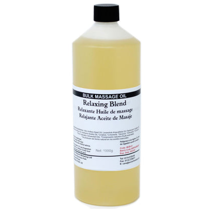 Avslappnande massageolja – 1 kg storflaska med massageolja, Relaxing Blend, 1000 g, massageolja med mjukt glid för hemmabruk eller professionell användning