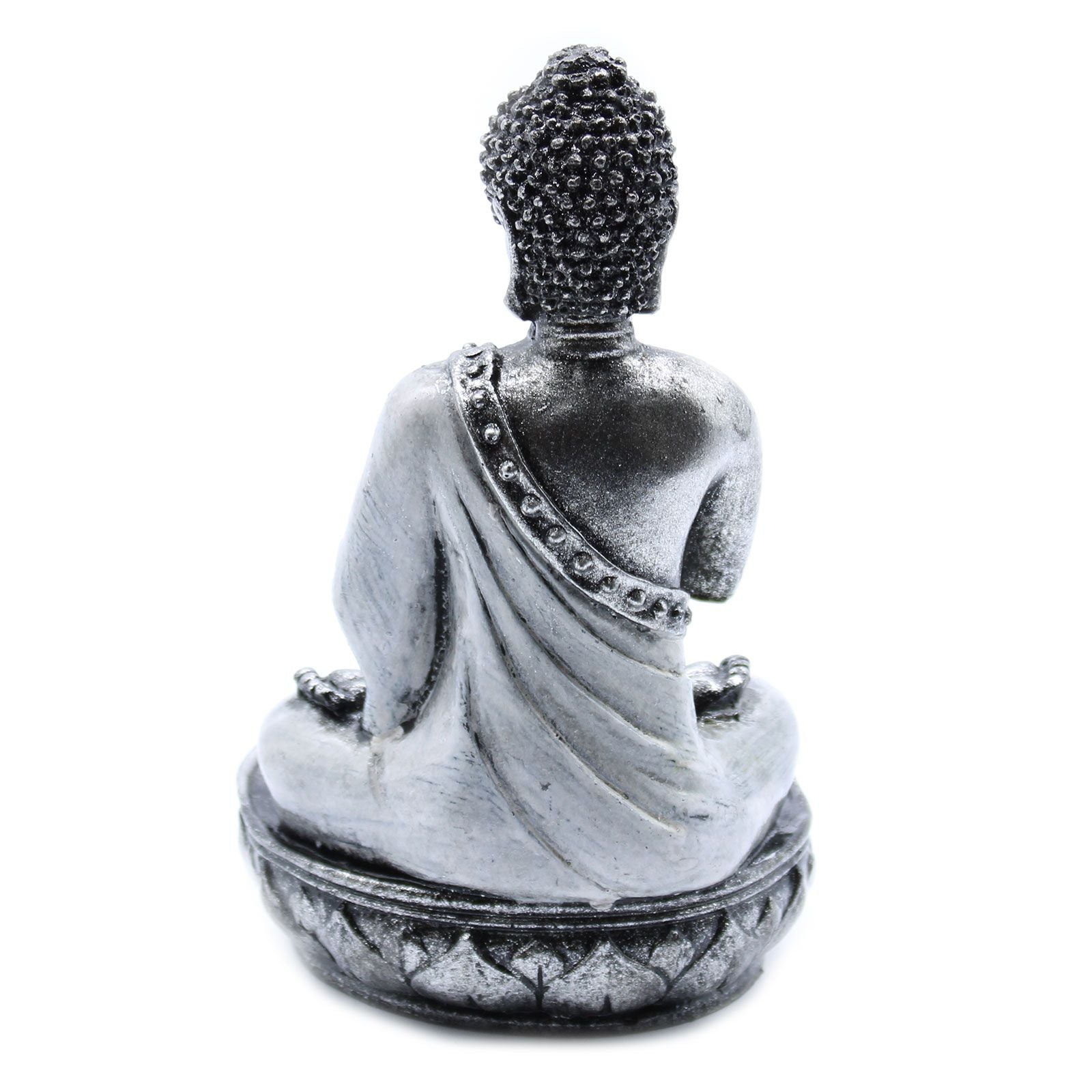 Alt Tag: Buddha-ljushållare i resin – Vit Medium, handgjord ljushållare i resin med Buddha-staty från Bali, Medium 17x9x9 cm, bakifrån