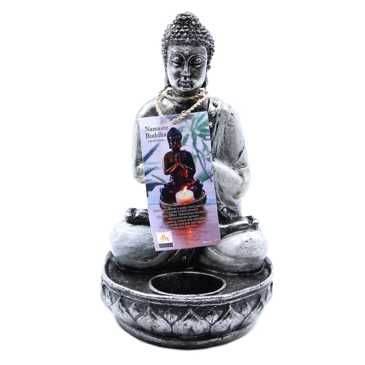 Alt Tag: Buddha-ljushållare i resin – White Medium, handgjord Buddhafigur i resin som ljushållare, medium 17x9x9 cm, inredningsdetalj från balinesisk hantverkare