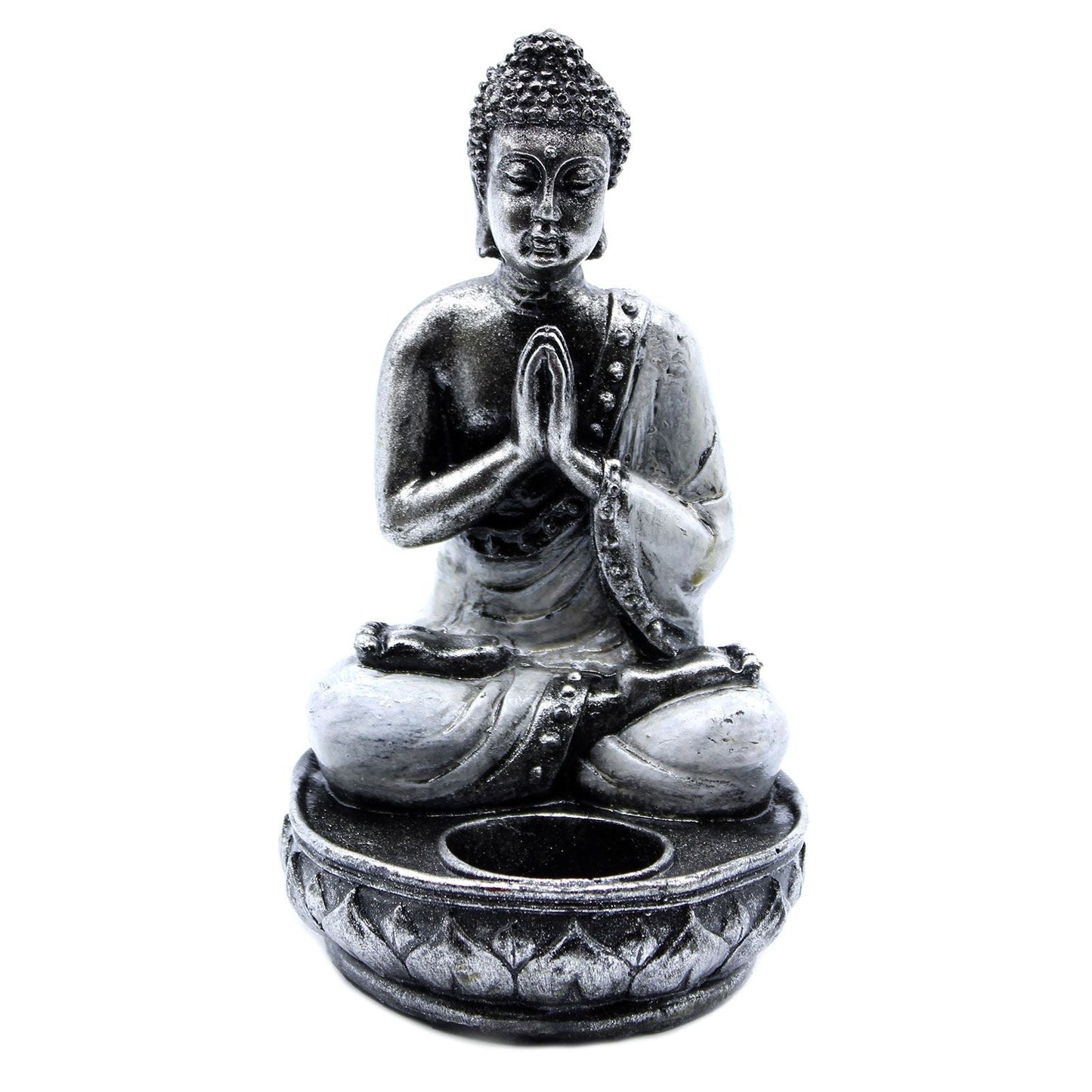 Harts Buddha ljushållare – Vit Medium, ljushållare för värmeljus med medelstor Buddhafigur i harts med lotusbas och bönepose