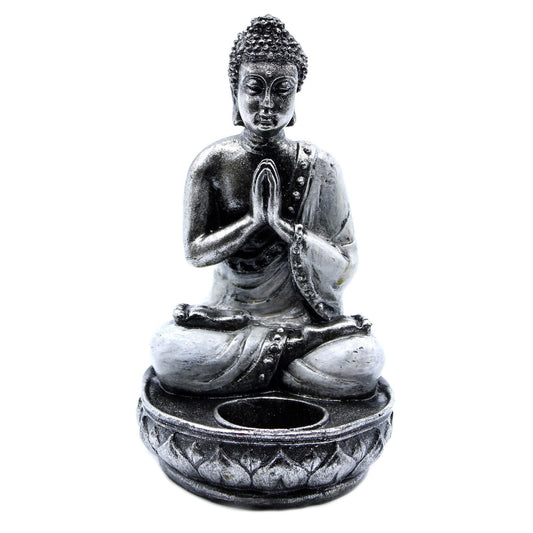 Resin Buddha Candle Holder – White Medium, medium resin Buddha statue tealight holder with lotus base and prayer pose