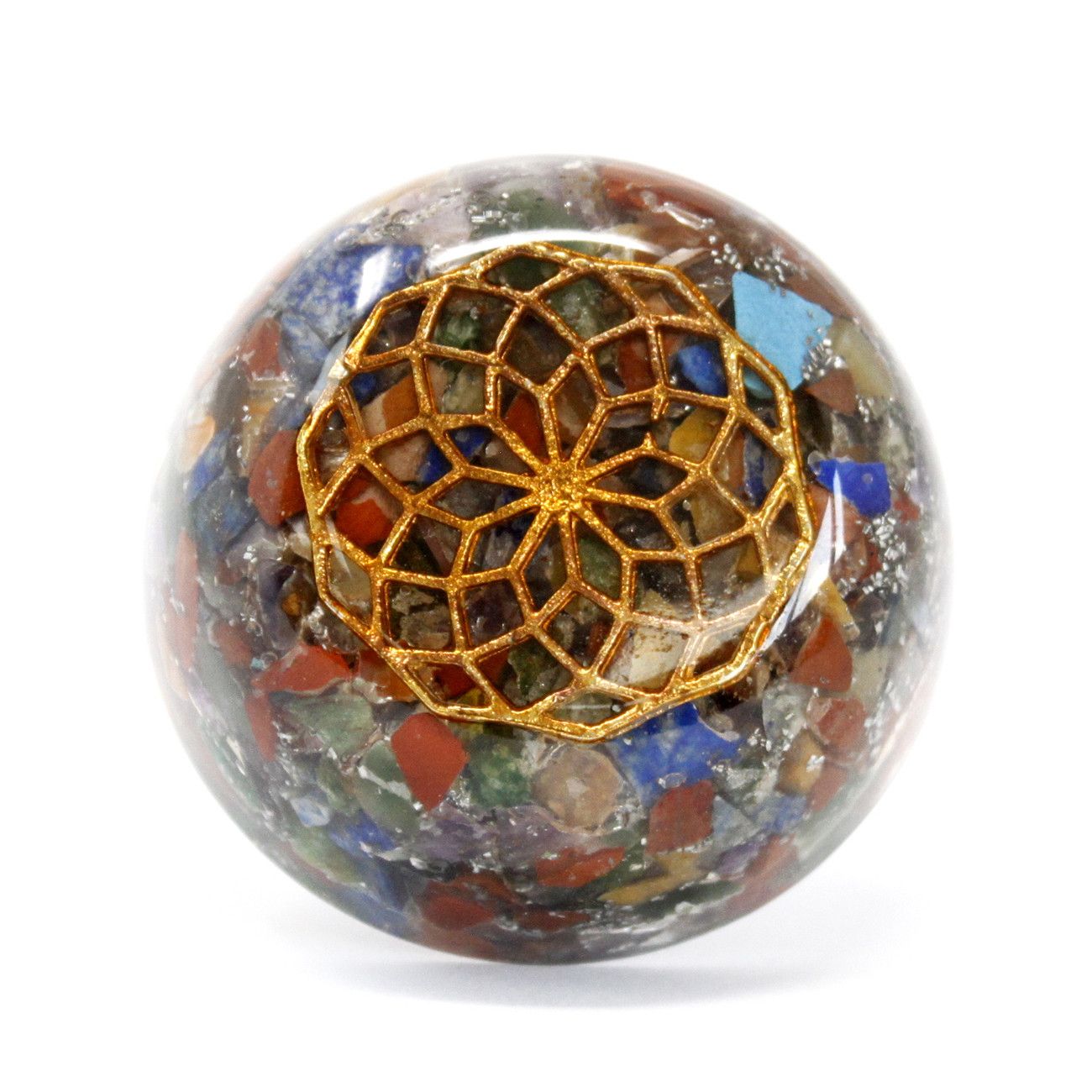 Resin Gemstone Orgonite Dome – Multi Stone 6.5CM, resina transparente con piedras multicolor y diseño dorado tipo mandala