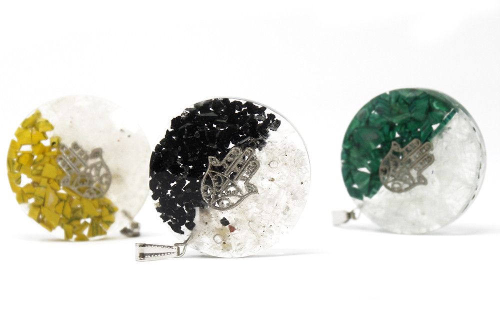 Resin Gemstone Orgonite Pendant – Good & Evil Hamsa, round resin pendant with embedded gemstone chips and silver Hamsa charm
