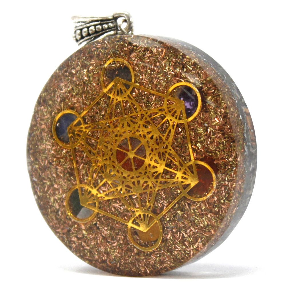 Resin Gemstone Orgonite Pendant – Large Chakra round resin pendant with gold geometric symbol and gemstone accents