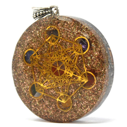 Resin Gemstone Orgonite Pendant – Large Chakra round resin pendant with gold geometric symbol and gemstone accents