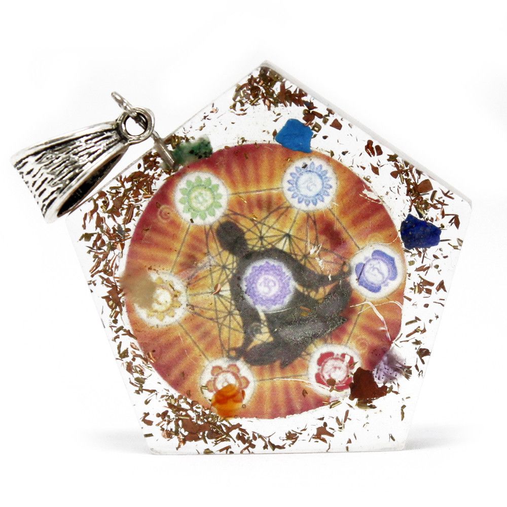 Alt Tag: Resin Gemstone Orgonite Pendant – Octagon Chakra octagon resin pendant with chakra symbols, gemstone chips and metal flecks