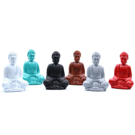 Mini Buda de resina pintado a mano – Colores surtidos, set de seis figuras de Buda sentado en blanco, teal, negro, marrón, gris y rojo