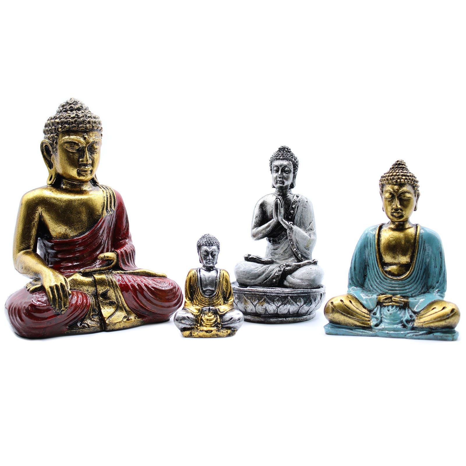 Mini Buda pintado a mano en resina – Colores surtidos set de cuatro figuritas de Buda de resina pintadas a mano en poses y colores surtidos