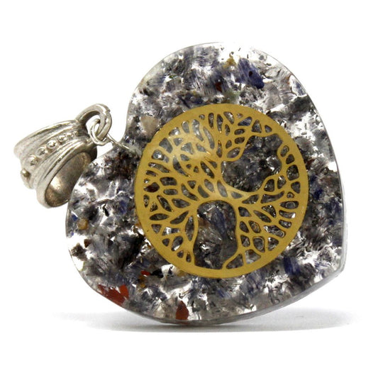 Alt Tag: Resin Heart Orgonite Pendant – Tree of Life heart-shaped resin pendant with gold Tree of Life design and metal bail