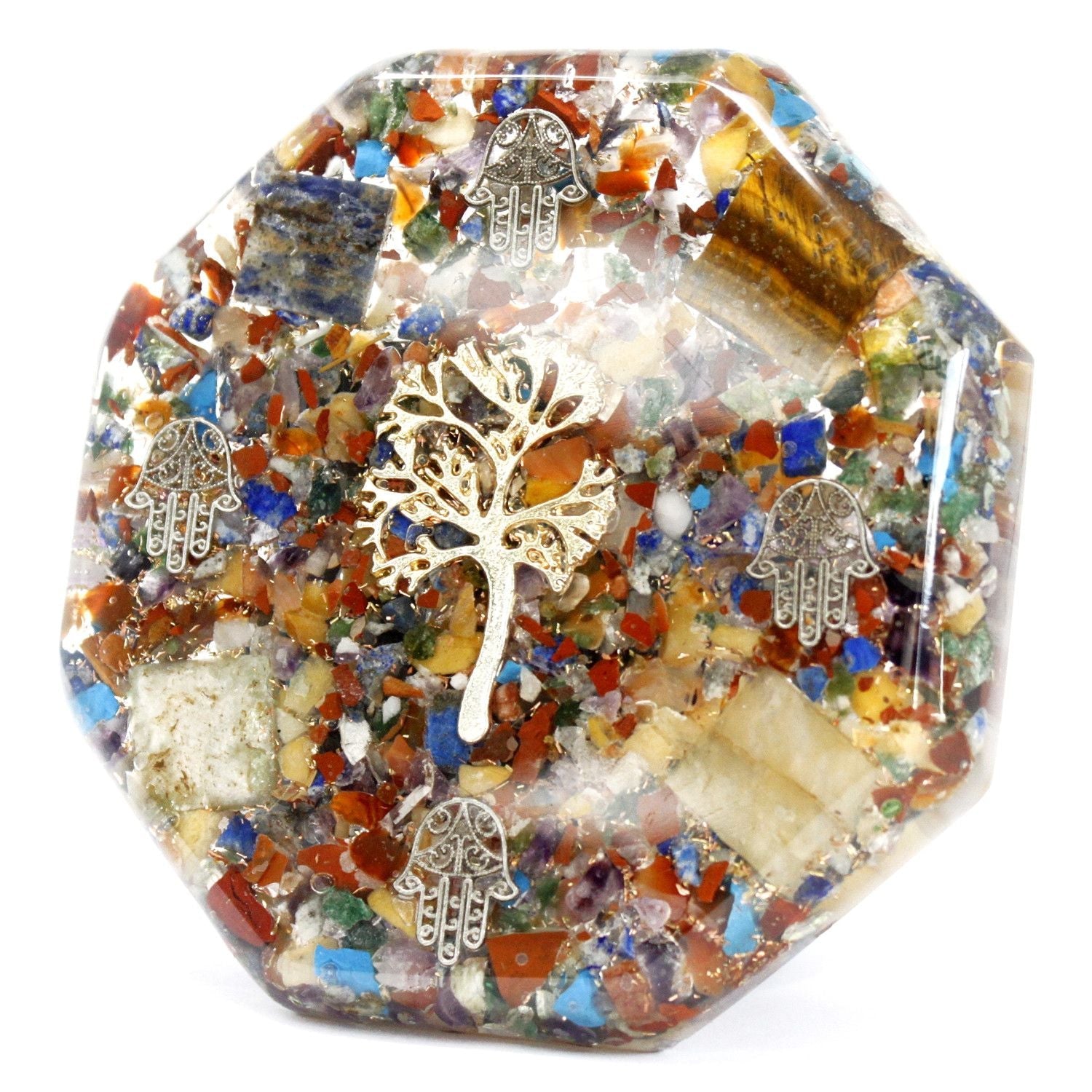 Alt Tag: Resin Orgonite Desk Power Pack – Tree of Life – Large, hexagon resin paperweight with gemstones, metal flakes and Tree of Life emblem