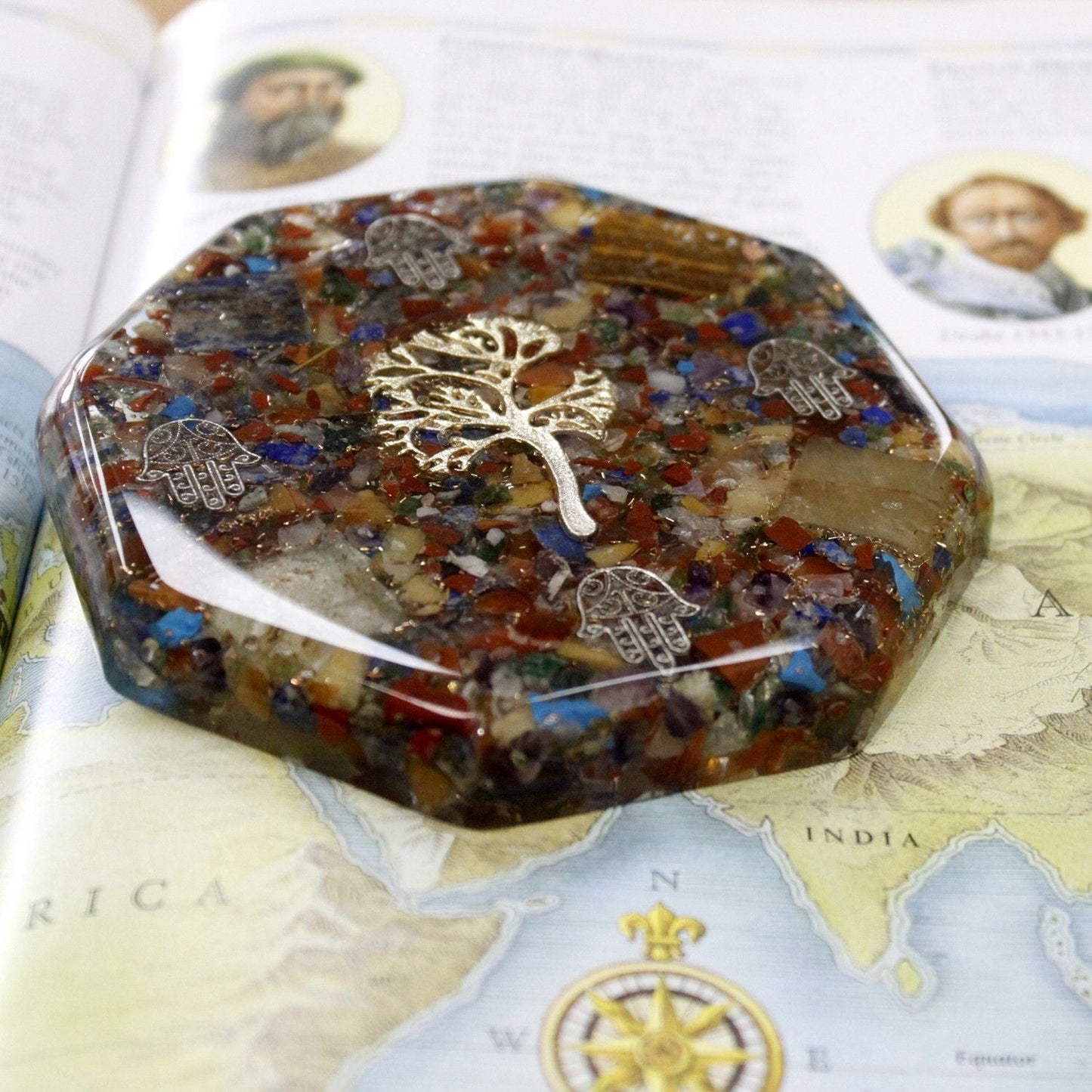 Resin Orgonite Desk Power Pack – Tree of Life – Large hexagon resin paperweight with gemstones and metal tree of life emblem