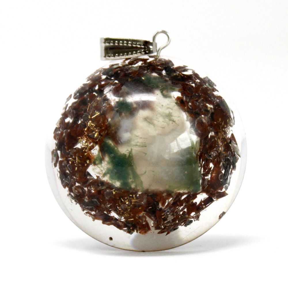 Resin Orgonite Pendant – 3.5x1 CM Dome, resin dome necklace with gemstone chips, copper and metal filings, round pendant