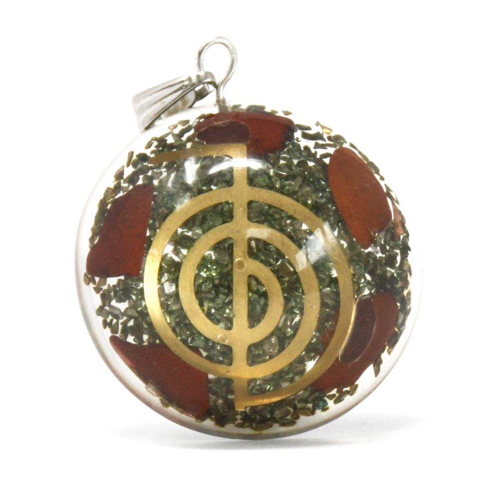 Resin Orgonite Pendant – Symbolic Power Dome red gemstone chips with gold symbol dome pendant on white background