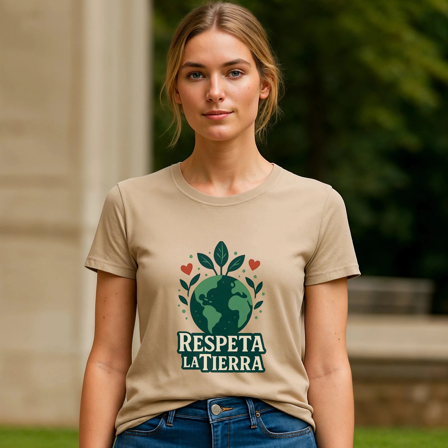 Alt Tag: Modelo con camiseta Respeta la Tierra Sustainable Unisex Tee beige con gráfico de planeta y hojas, estilo casual al aire libre