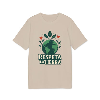 Alt Tag: Respeta la Tierra Sustainable Unisex Tee beige con gráfico de planeta, hojas y corazones, texto “Respeta la Tierra” al frente