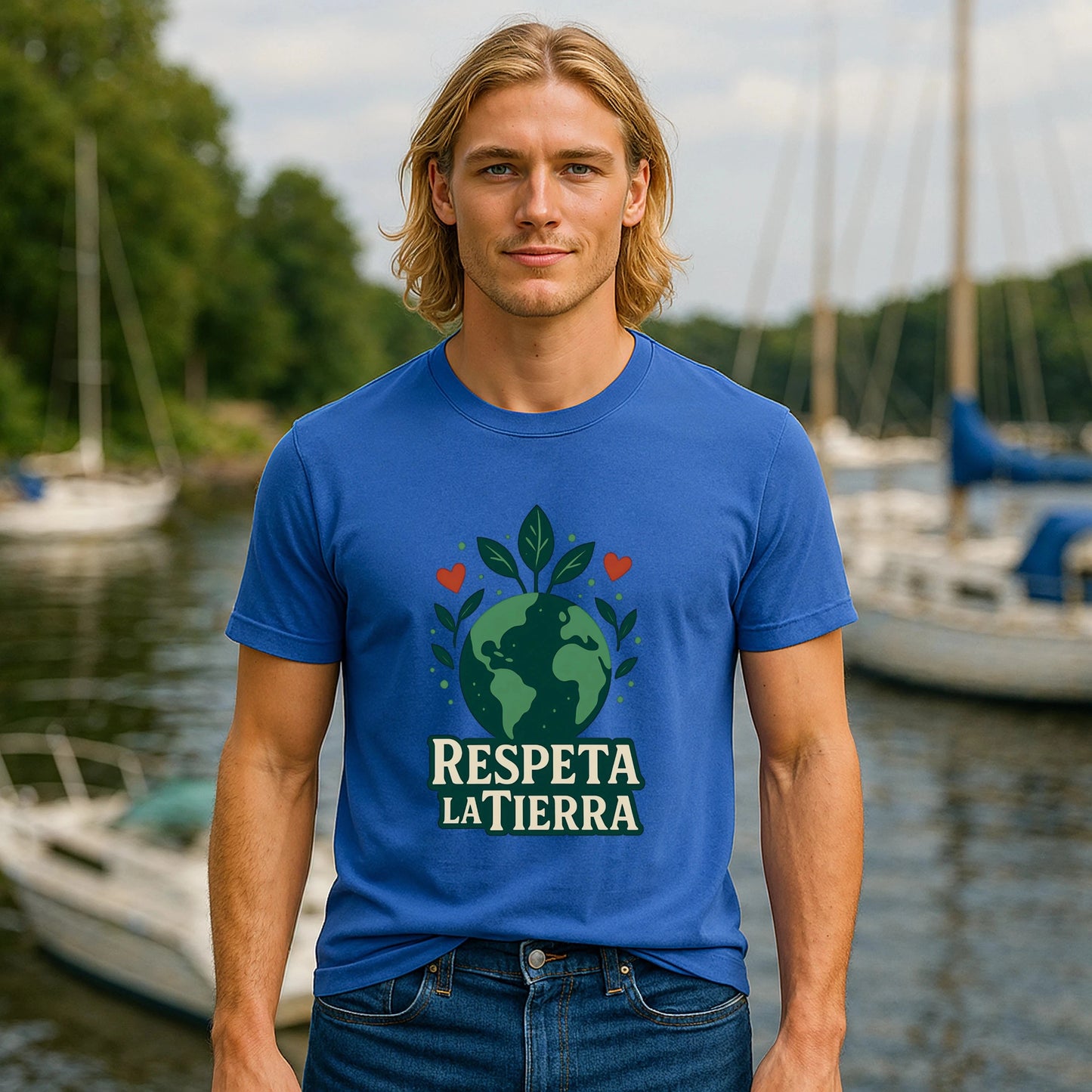 Alt Tag: Respeta la Tierra Sustainable Unisex Tee en azul con gráfico de planeta y hojas, modelo al aire libre junto a un lago con veleros