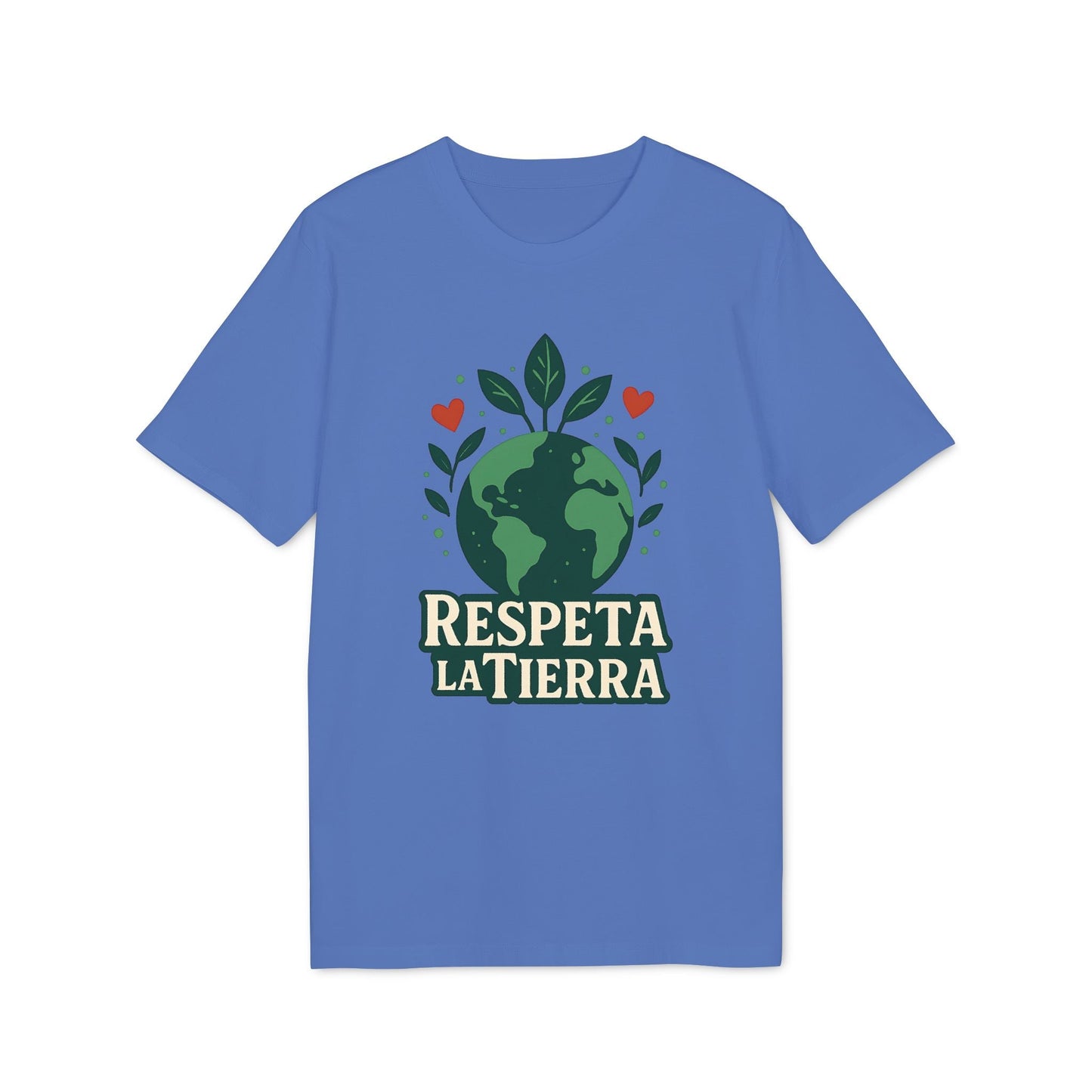 Alt Tag: Respeta la Tierra Sustainable Unisex Tee azul con gráfico de planeta Tierra, hojas y corazones y texto “Respeta la Tierra”
