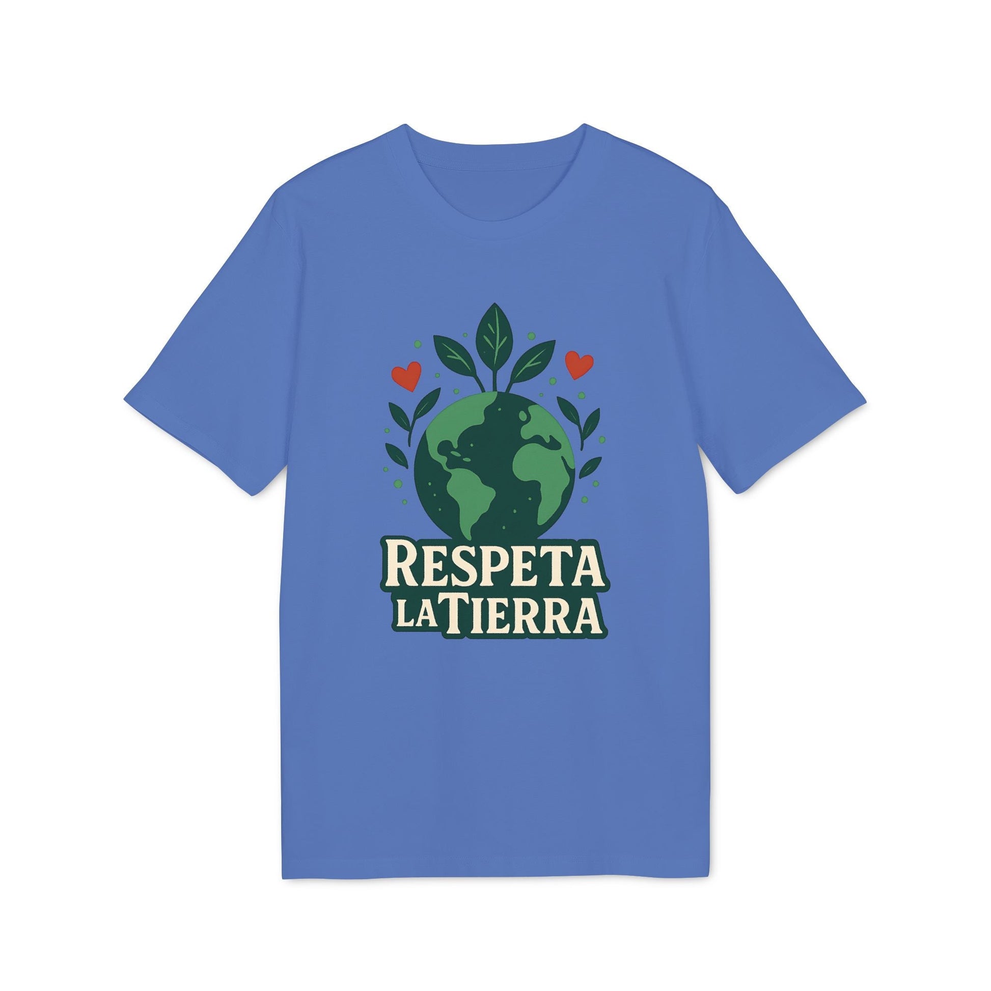 Alt Tag: Respeta la Tierra Sustainable Unisex Tee azul con gráfico de planeta Tierra, hojas y corazones y texto “Respeta la Tierra”