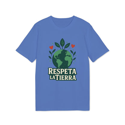 Alt Tag: Respeta la Tierra Sustainable Unisex Tee azul con gráfico de planeta Tierra, hojas y corazones y texto “Respeta la Tierra”