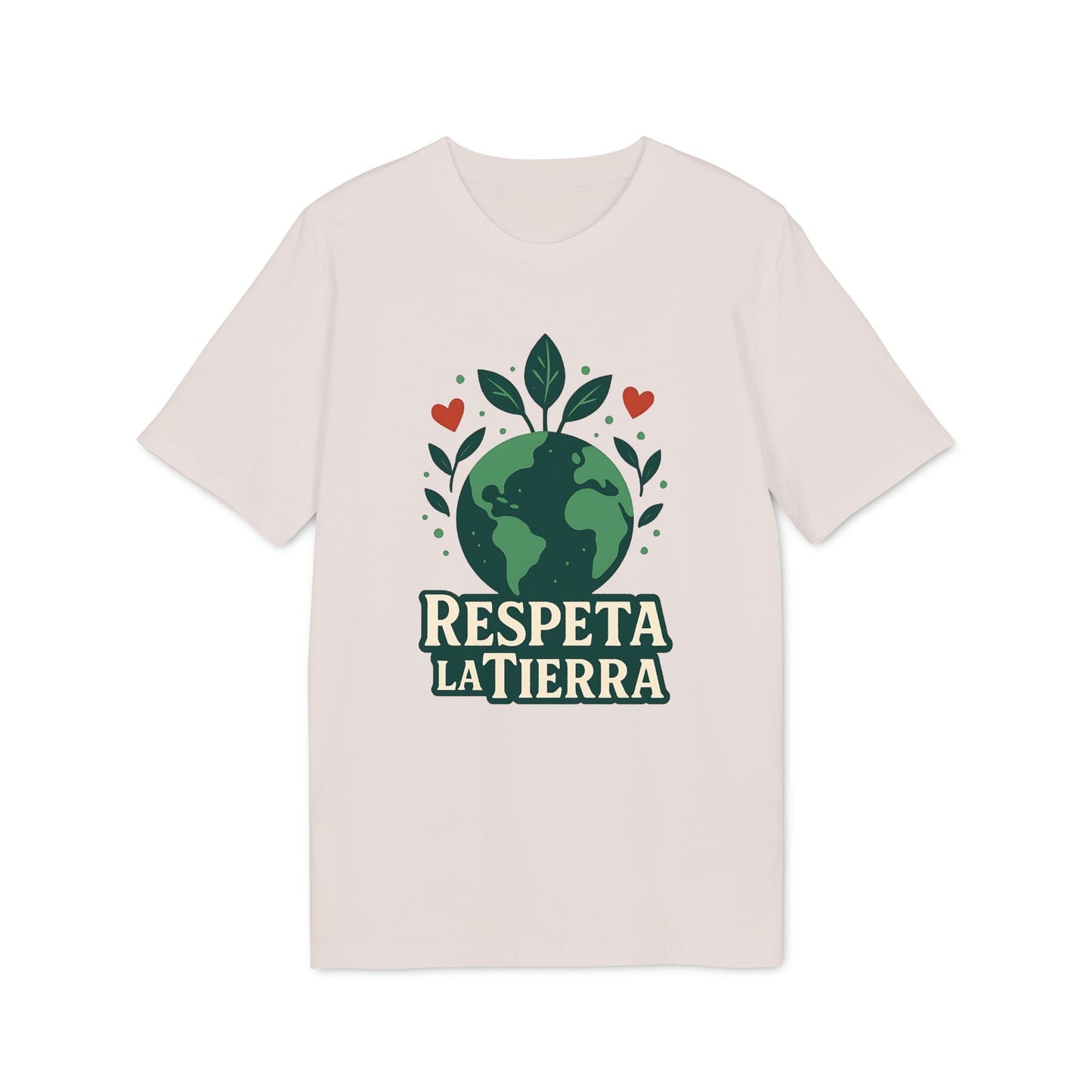 Respeta la Tierra Sustainable Unisex Tee con gráfico de planeta y hojas, camiseta beige de corte unisex