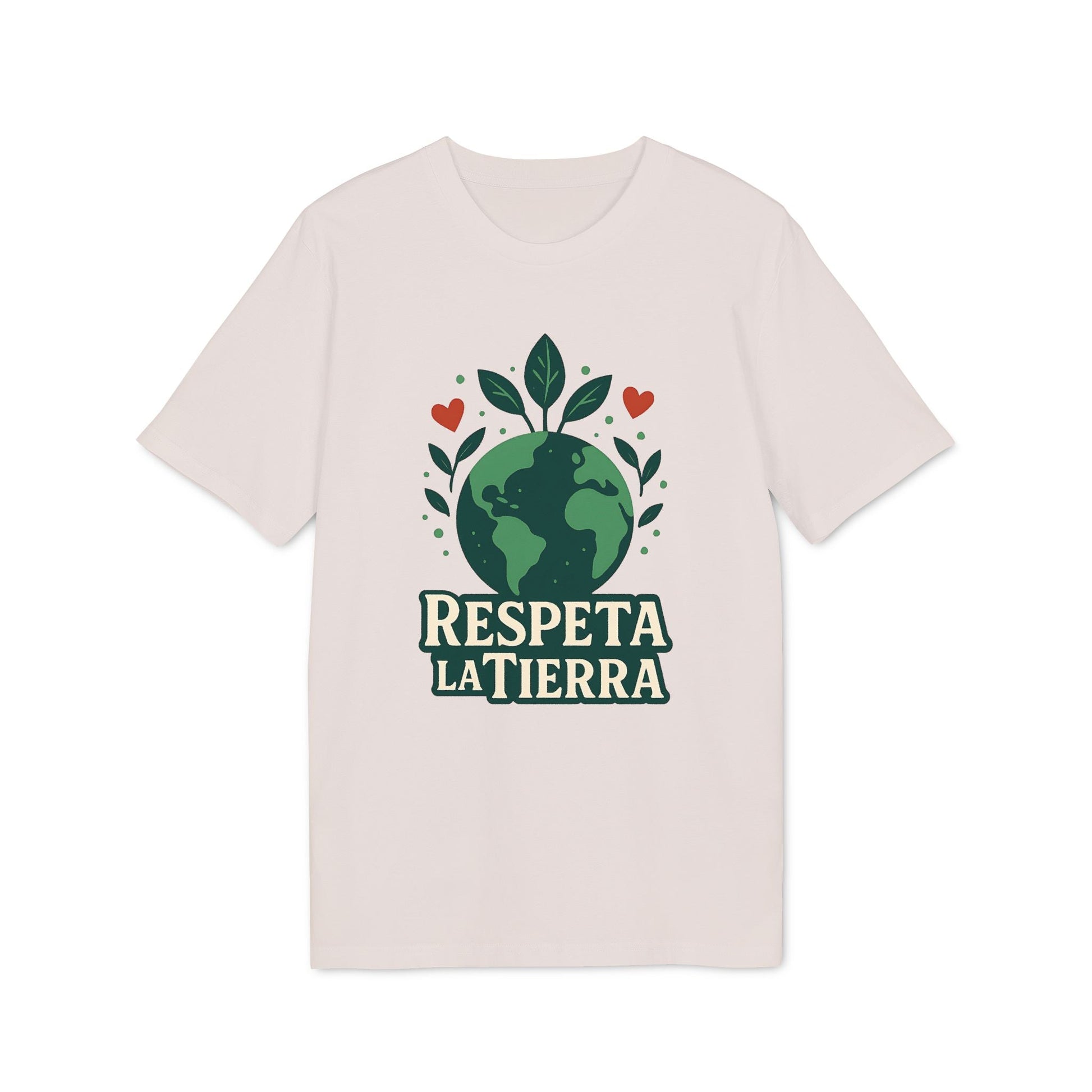 Respeta la Tierra Sustainable Unisex Tee con gráfico de planeta y hojas, camiseta beige de corte unisex