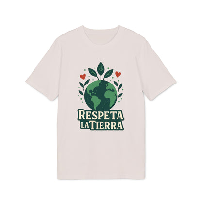 Respeta la Tierra Sustainable Unisex Tee con gráfico de planeta y hojas, camiseta beige de corte unisex