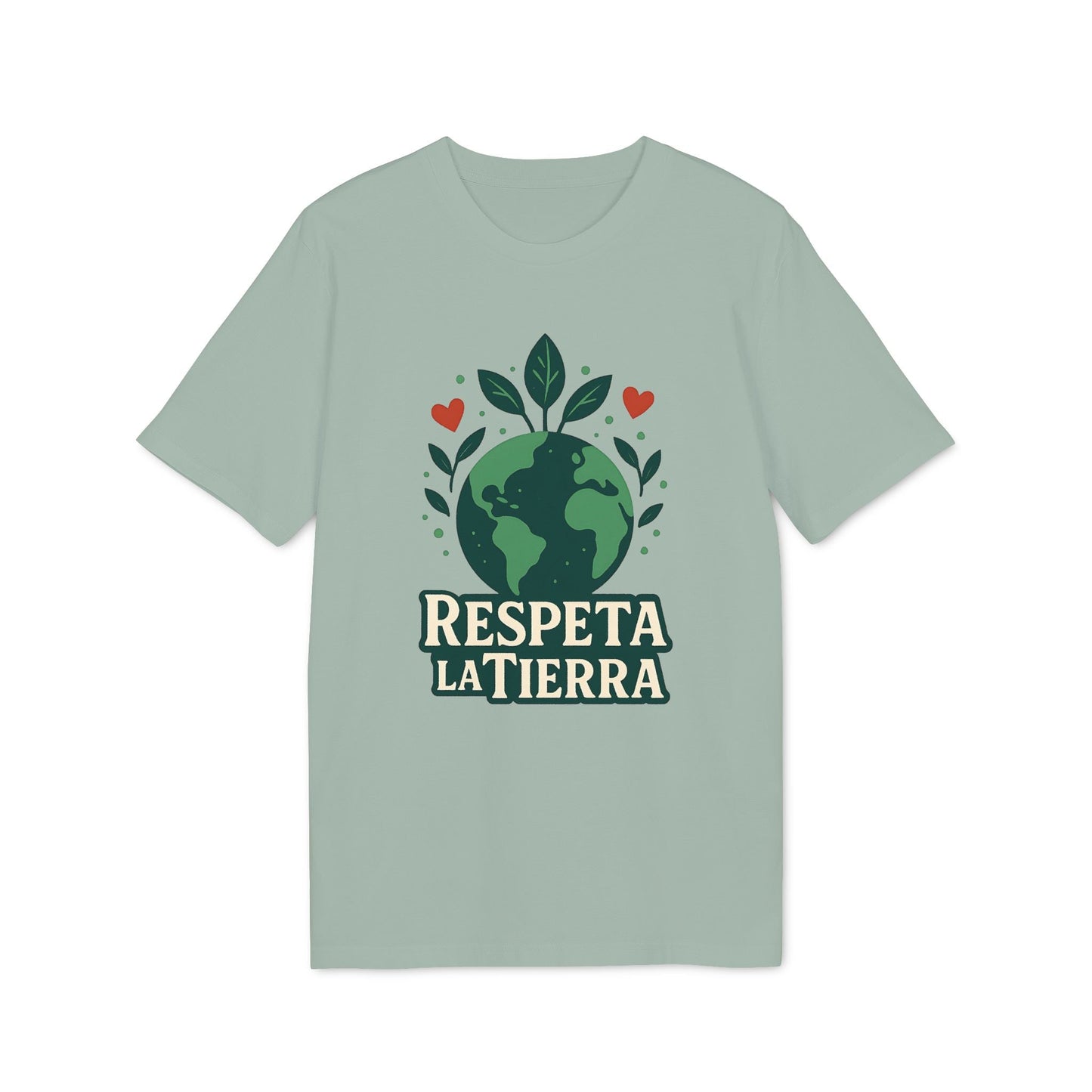 Alt Tag: Respeta la Tierra Sustainable Unisex Tee camiseta unisex sostenible verde salvia con gráfico de planeta Tierra y hojas