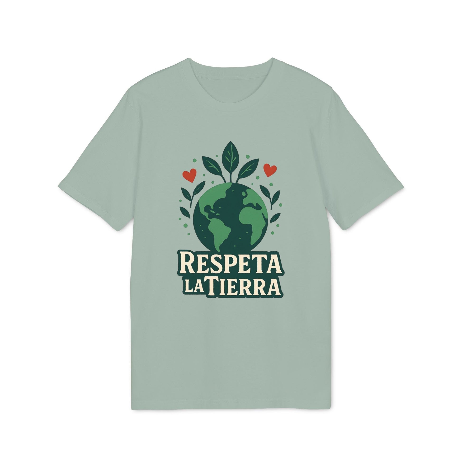 Alt Tag: Respeta la Tierra Sustainable Unisex Tee camiseta unisex sostenible verde salvia con gráfico de planeta Tierra y hojas