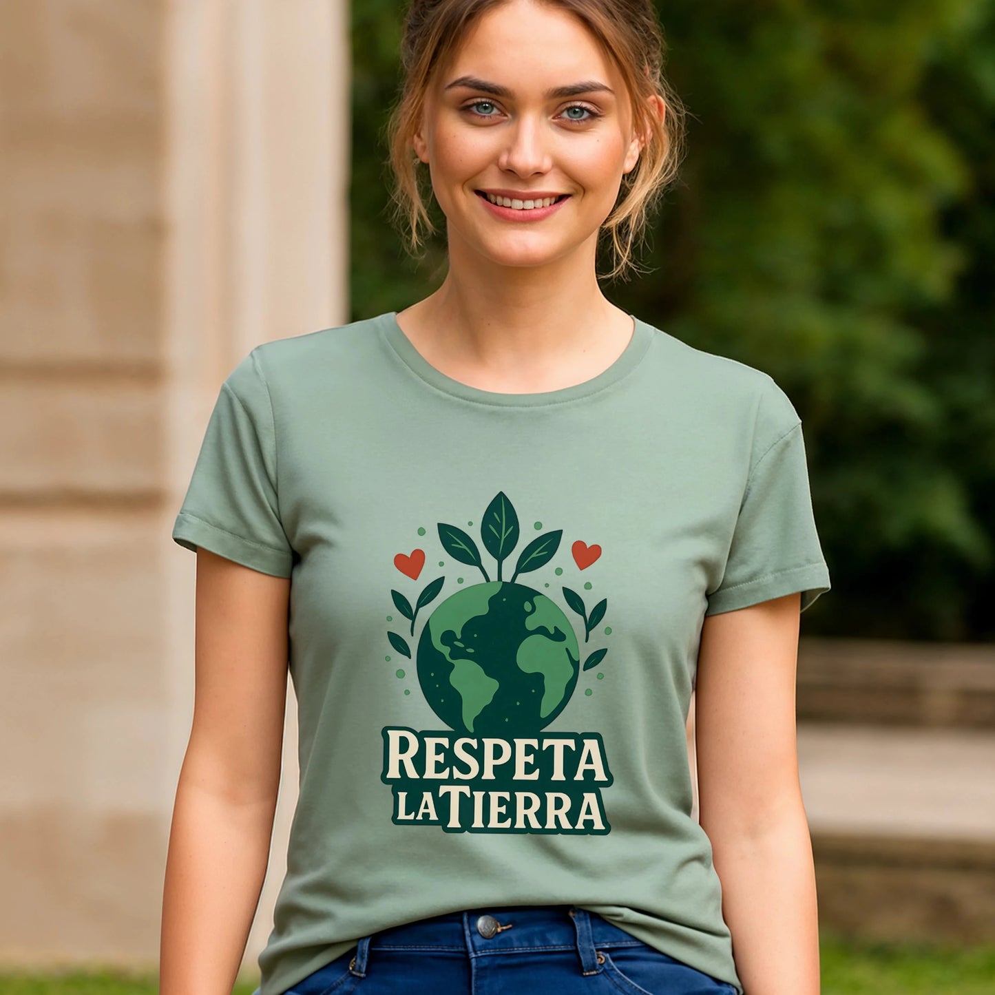 Alt Tag: Modelo con camiseta Respeta la Tierra Sustainable Unisex Tee verde salvia con gráfico de planeta, hojas y texto “Respeta la Tierra”