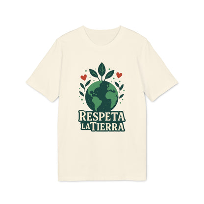 Alt Tag: Respeta la Tierra Sustainable Unisex Tee color crema con gráfico de planeta, hojas y corazones y texto “Respeta la Tierra”