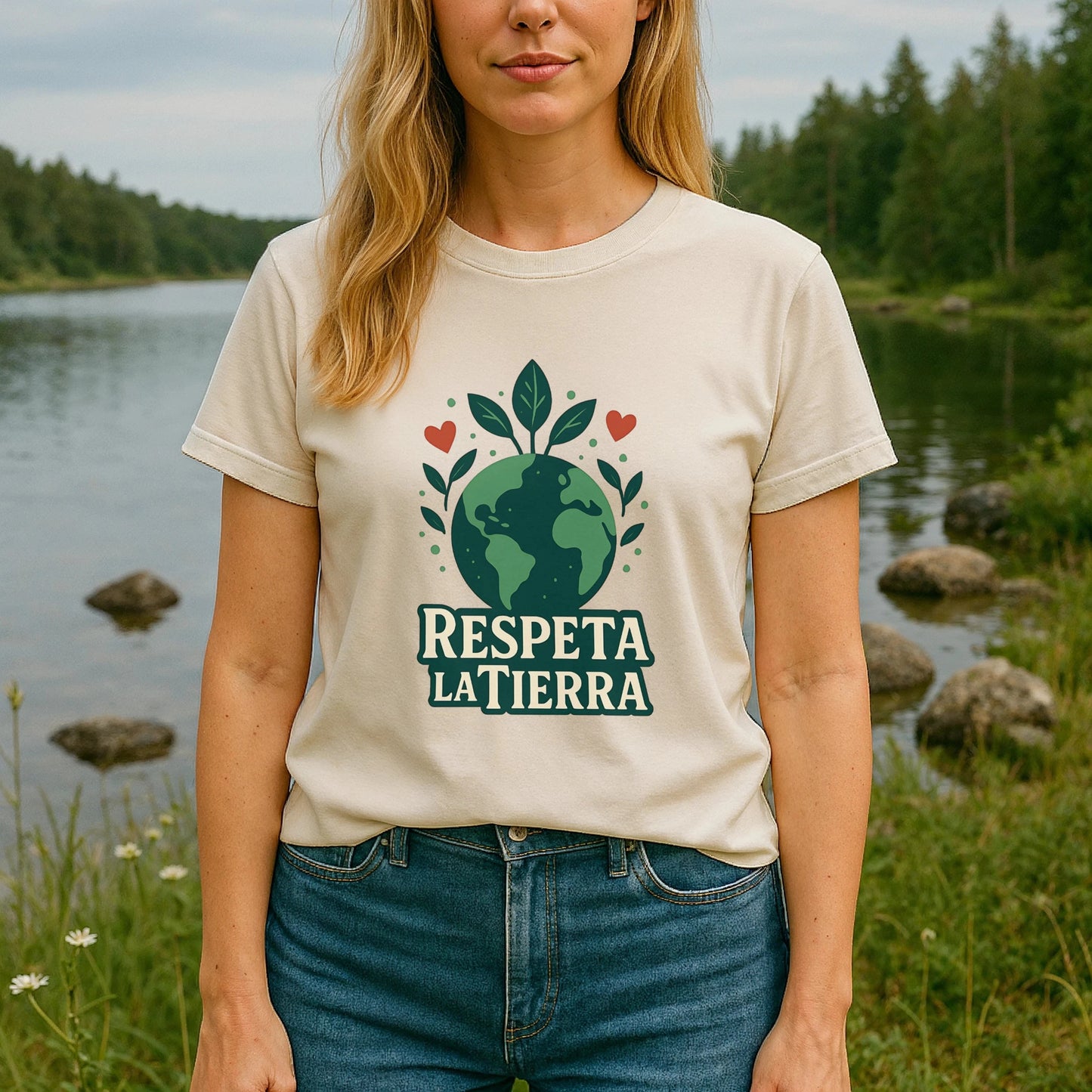 Alt Tag: Respeta la Tierra Sustainable Unisex Tee en modelo, camiseta beige con gráfico de planeta y texto “Respeta la Tierra” junto a un lago