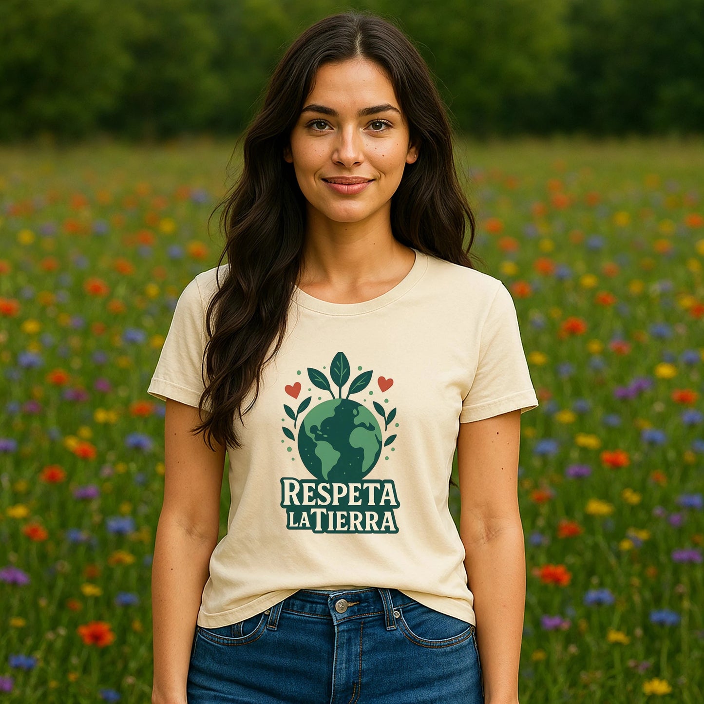 Respeta la Tierra Sustainable Unisex Tee crema con diseño de planeta y hojas, modelo de pie en campo de flores