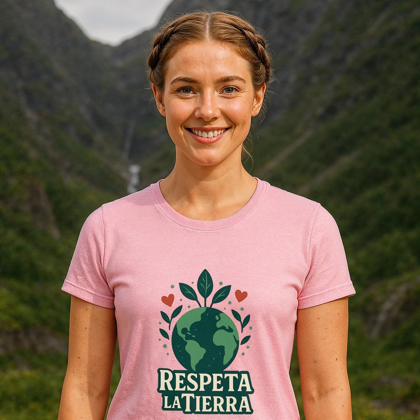 Respeta la Tierra Sustainable Unisex Tee camiseta rosa unisex con diseño planeta y hojas, modelo sonriendo al aire libre en montaña