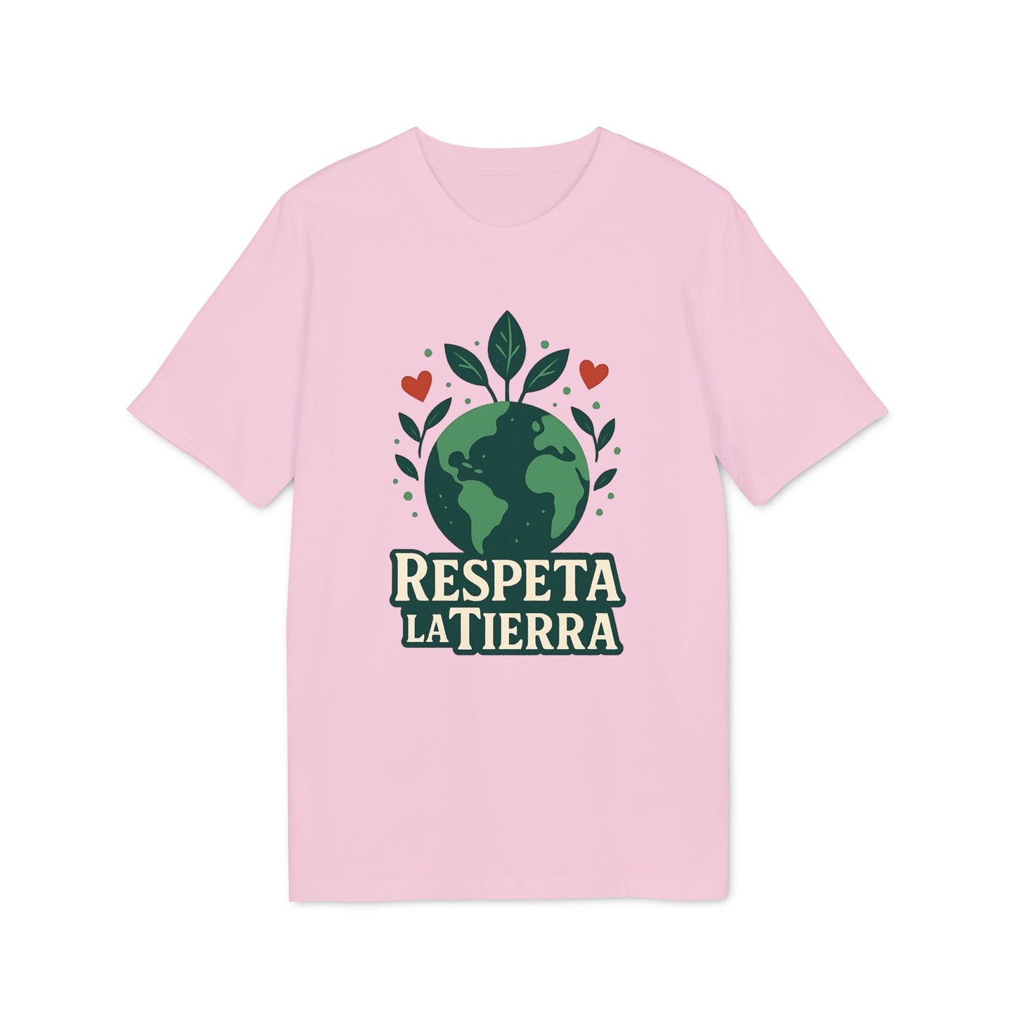 Alt Tag: Respeta la Tierra Sustainable Unisex Tee camiseta unisex rosa con diseño de planeta Tierra y hojas, texto “Respeta la Tierra”