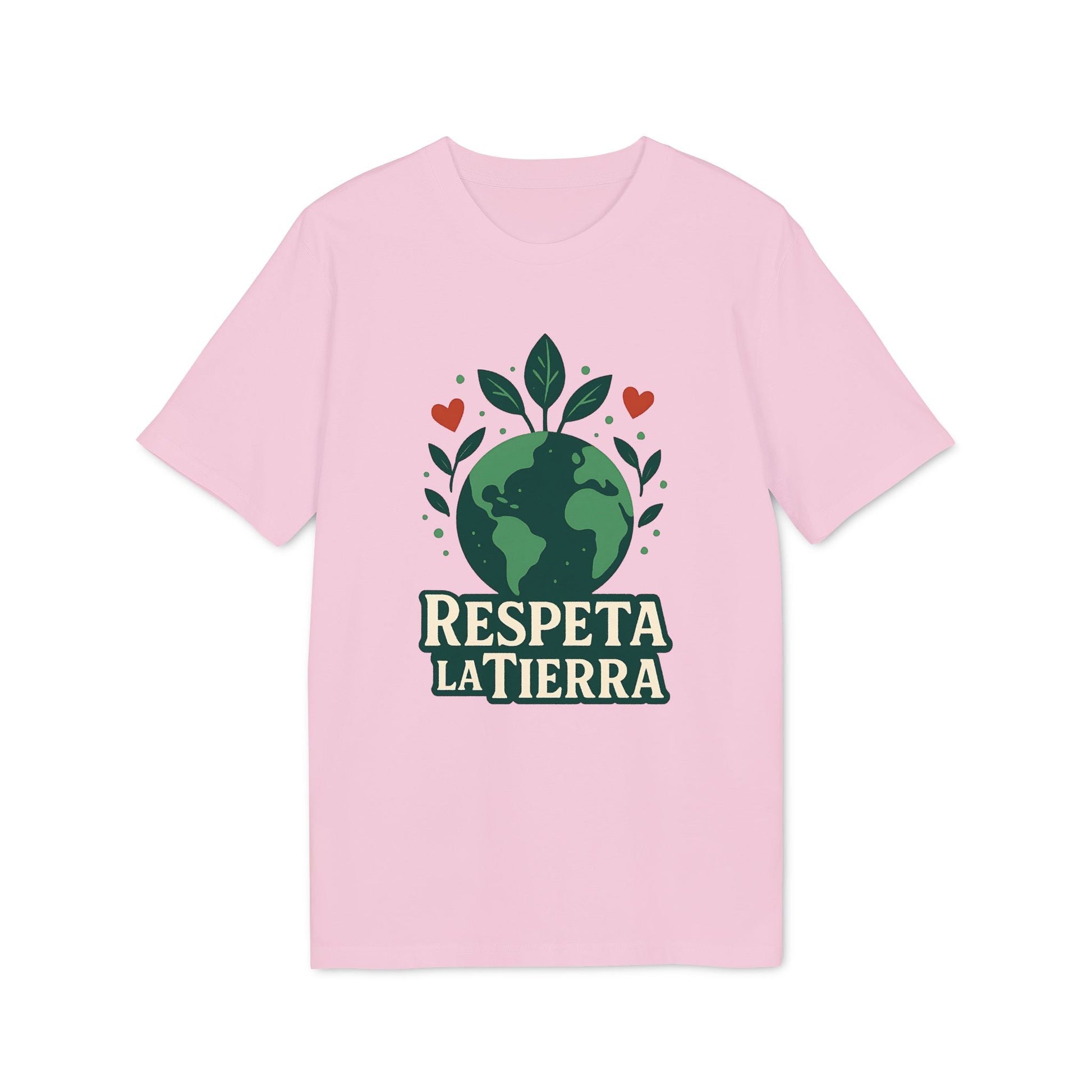 Alt Tag: Respeta la Tierra Sustainable Unisex Tee camiseta unisex rosa con diseño de planeta Tierra y hojas, texto “Respeta la Tierra”