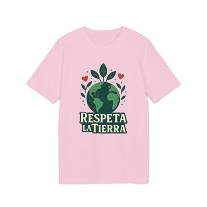Alt Tag: Respeta la Tierra Sustainable Unisex Tee camiseta unisex rosa con diseño de planeta Tierra y hojas, texto “Respeta la Tierra”