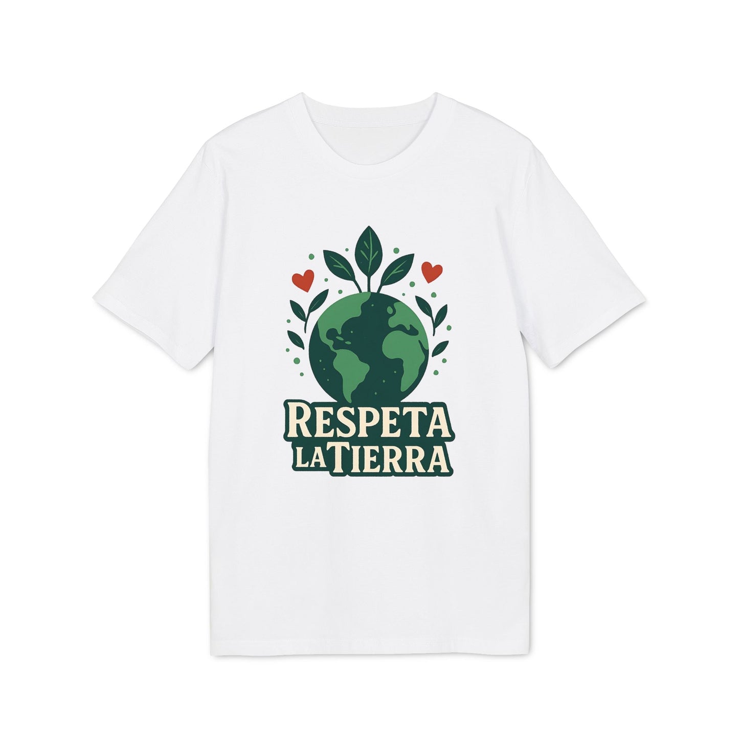 Alt Tag: Respeta la Tierra Sustainable Unisex Tee camiseta unisex blanca con ilustración del planeta, hojas y corazones, texto “Respeta la Tierra”