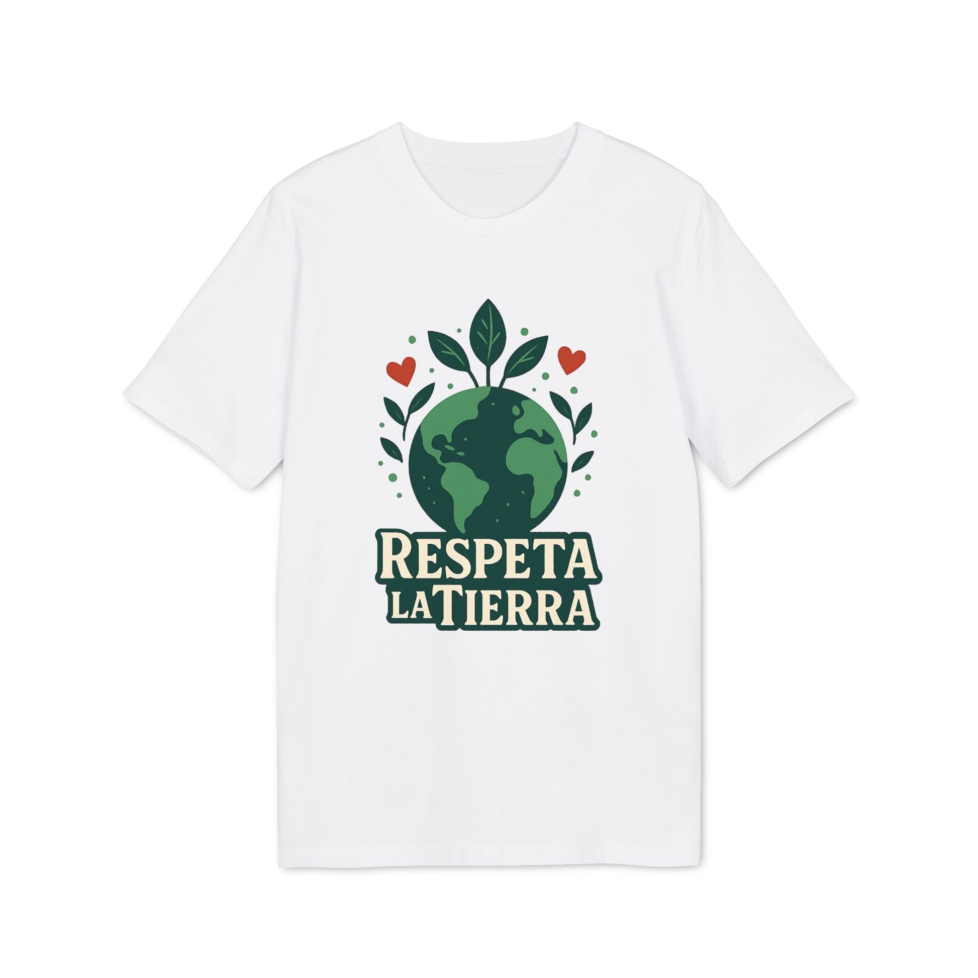 Alt Tag: Respeta la Tierra Sustainable Unisex Tee camiseta unisex blanca con ilustración del planeta, hojas y corazones, texto “Respeta la Tierra”