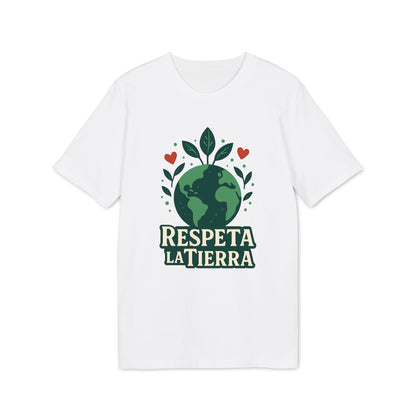 Alt Tag: Respeta la Tierra Sustainable Unisex Tee camiseta unisex blanca con ilustración del planeta, hojas y corazones, texto “Respeta la Tierra”