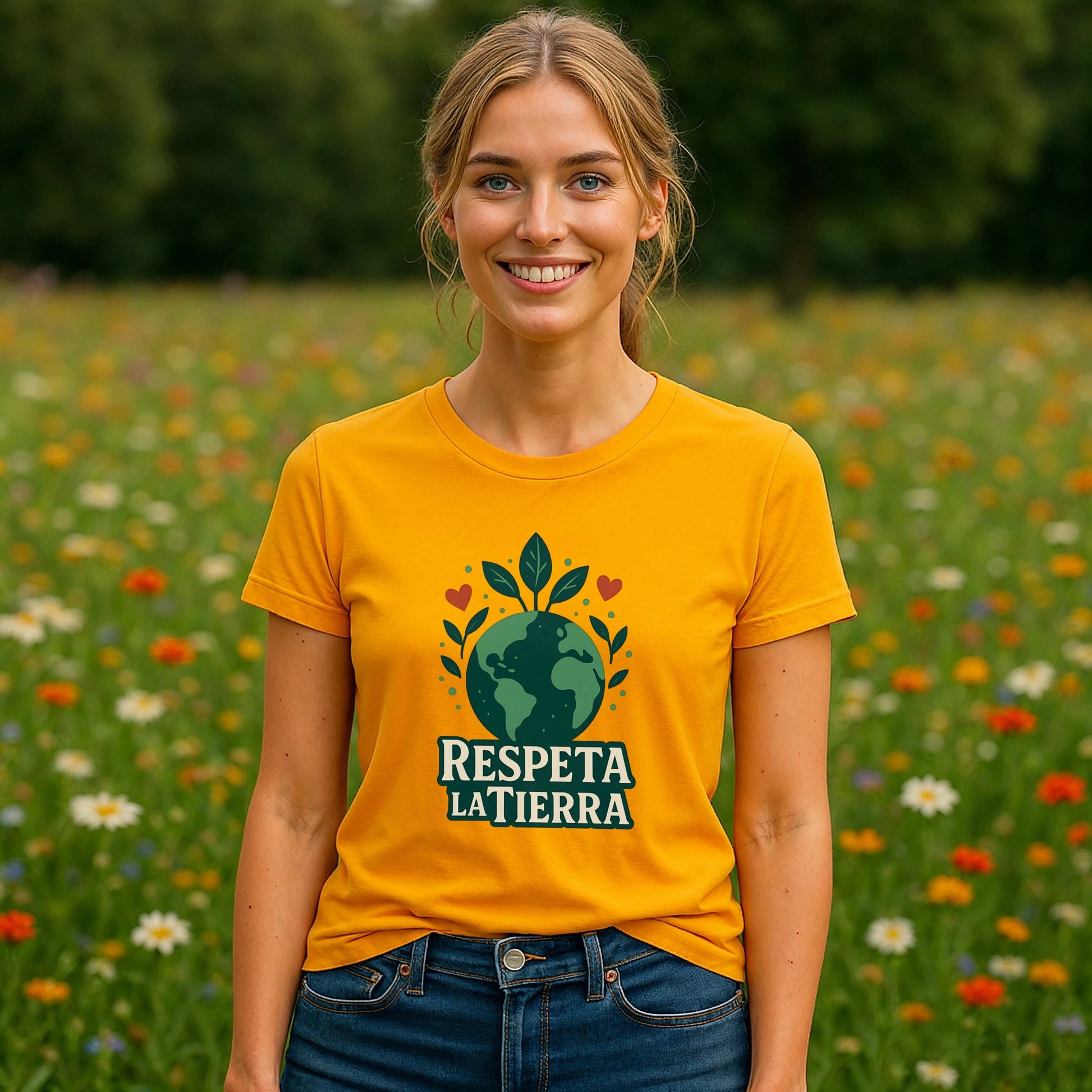 Alt Tag: Respeta la Tierra Sustainable Unisex Tee amarilla con gráfico de planeta y hojas, modelo en campo de flores